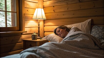 Fototapeta premium Interior view of a wooden cabin bedroom at night, showing a person asleep in bed and a warm lamp on the nightstand, symbolizing peaceful rest and a retreat from the city. 