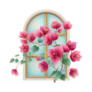 recommend clip art: Pink Bougainvillea Climbing Arch Window Watercolor Illustration,stained glass ,clipart, cut out, no background
