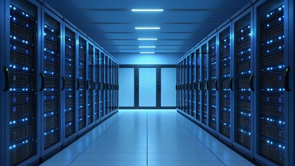 Interior view of a vast server farm with glowing indicators on the racks, representing large-scale data storage, processing, and the core of digital communication.
