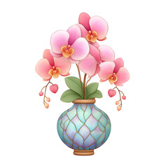 Pink Orchid Bouquet in Ornate Blue Vase on Transparent Background,stained glass ,clipart, cut out, no background