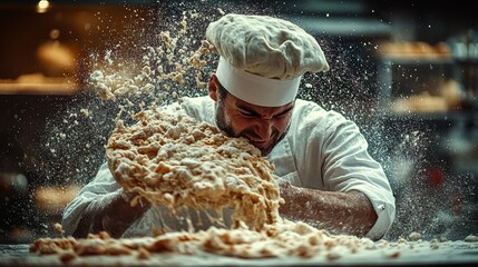 A passionate chef is vigorously kneading dough in a bustling kitchen environment, with flour dramatically scattering in all directions, showcasing culinary artistry.