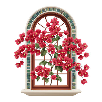recommend clip art: Red Bougainvillea Flowers Cascading Over Rustic Arch Window with Mosaic Frame,stained glass ,clipart, cut out, no background