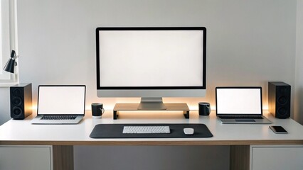 A trio of computer screens on a desk – one large monitor and two laptops – representing connectivity, multitasking, and the tools of a modern digital professional.
