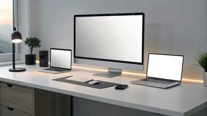 Clean and modern workspace featuring a large monitor and two laptops with blank screens on a white desk, showcasing contemporary technology and a minimalist setup.
