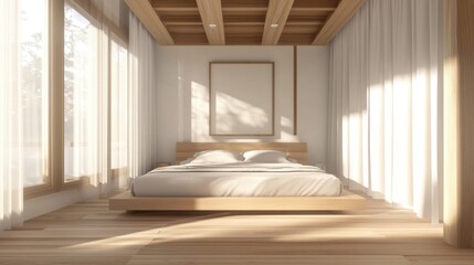 Light-filled minimalist bedroom with sheer curtains, wood-framed bed, and minimal wall art