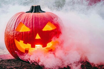 A Halloween-themed carved pumpkin emits a glowing light from its jagged eyes and mouth while enveloped in swirling smoke, creating a spooky, haunted atmosphere.