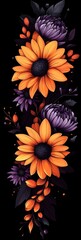 This artwork showcases a refined arrangement of radiant orange and purple flowers against a black background, highlighting elegance and beauty in artistic form.