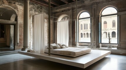Modern bedroom interior with wide open areas around the bed, enhancing usability and comfort