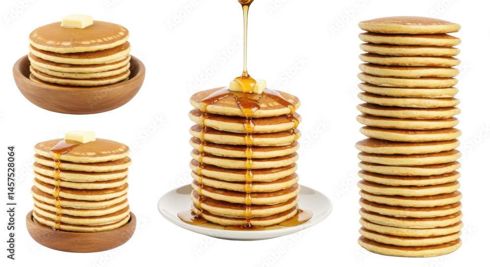 Poster a collection of images showcasing stacks of pancakes with butter on top in various arrangements and 