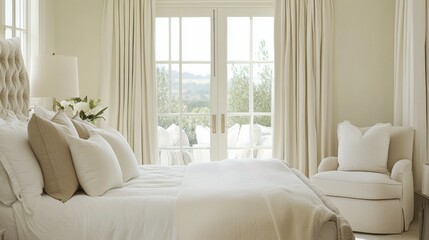 Neutral-toned bedroom interior with neatly placed bed, ensuring separation from door area