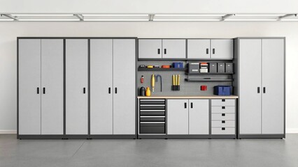 Clean and tidy garage space featuring a modular storage system with closed cabinets and visible tools and supplies on a pegboard.
