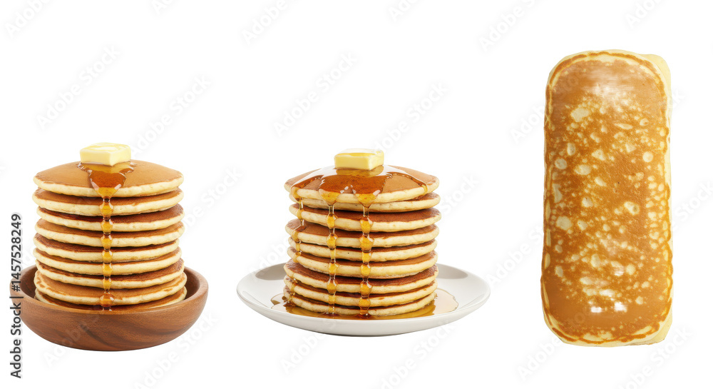 Poster three stacks of pancakes with butter on top arranged in a row on a gray and black background