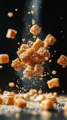 Cubes of golden hue captured mid-air, creating a mesmerizing scene of motion and texture against a dark backdrop, highlighting their intricate detail and form.