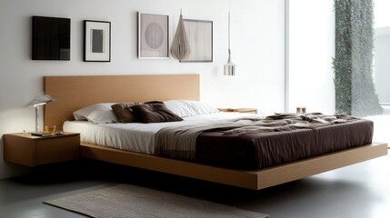 Serene bedroom design with neutral palette, low-profile bed, and floating nightstands against clean white walls