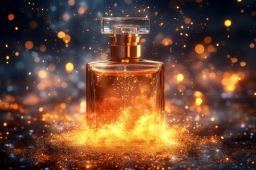A luxurious perfume bottle displayed with shimmering golden sparks and bokeh effects, creating an atmosphere of magic and sophistication in the image.