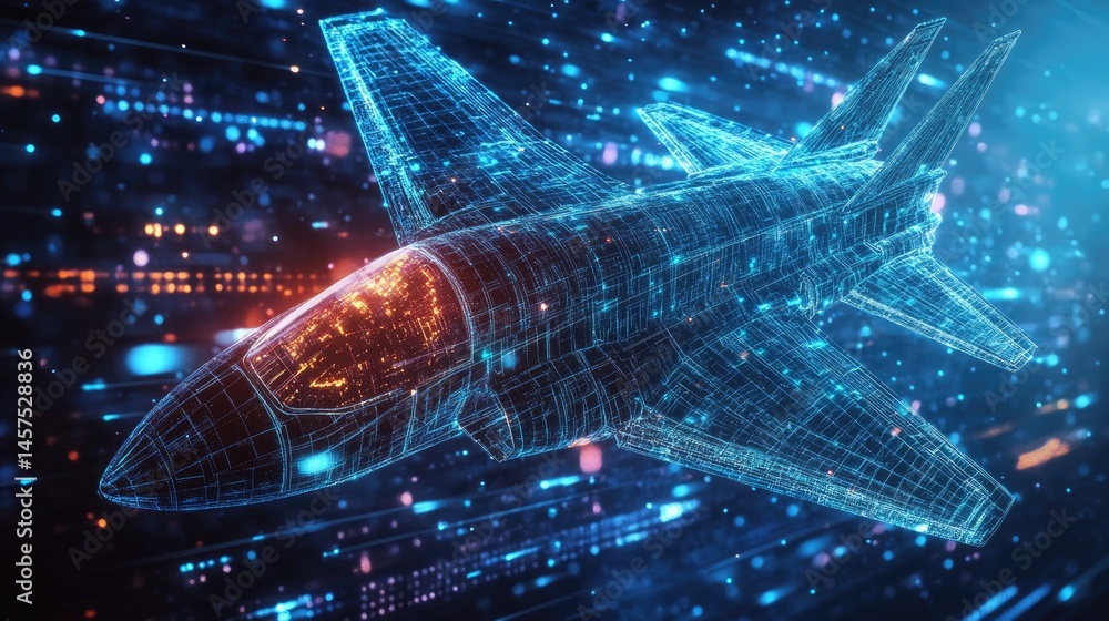 Poster futuristic wireframe aircraft. digital rendering of a modern fighter jet. tech-inspired background.