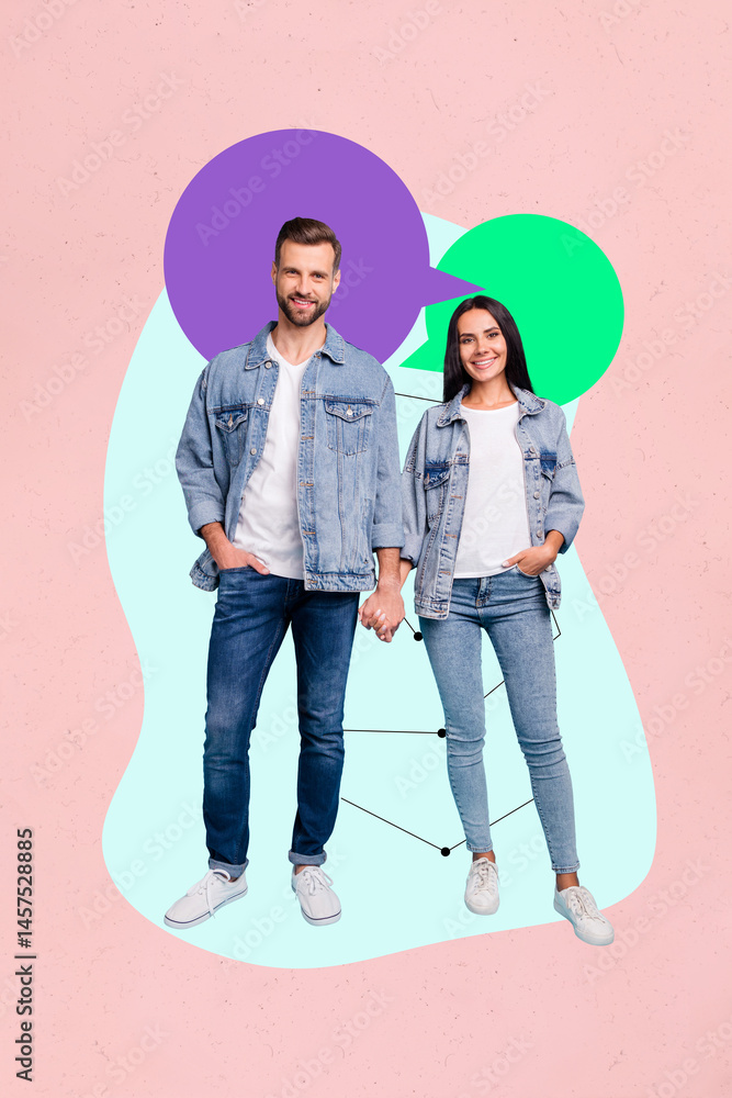 Aufkleber vertical 3d art collage of two happy girl guy bubble chatterbox communication phrase dialogue discus