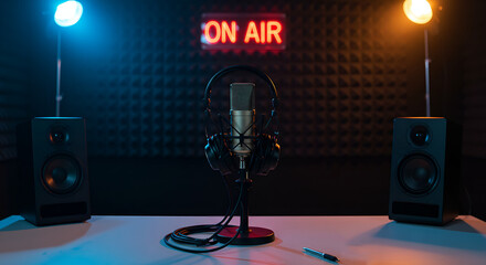 Naklejka premium Professional Podcast Recording Setup - Studio Microphone, Headphones, and ON AIR Sign