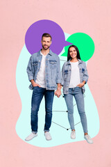 Vertical 3d art collage of two happy girl guy bubble chatterbox communication phrase dialogue...