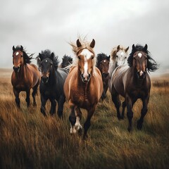 Fototapeta premium Majestic Herd of Horses Running Freely at Sunset: Stunning Minimalist Wildlife Portrait in Pastoral Grassland Landscape