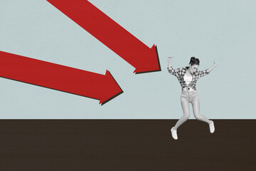 Creative sketch art collage of happy businesswoman dance arrow decline statistics pointer...