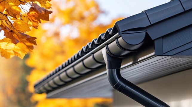 Dark rain gutter system on house with autumn leaves