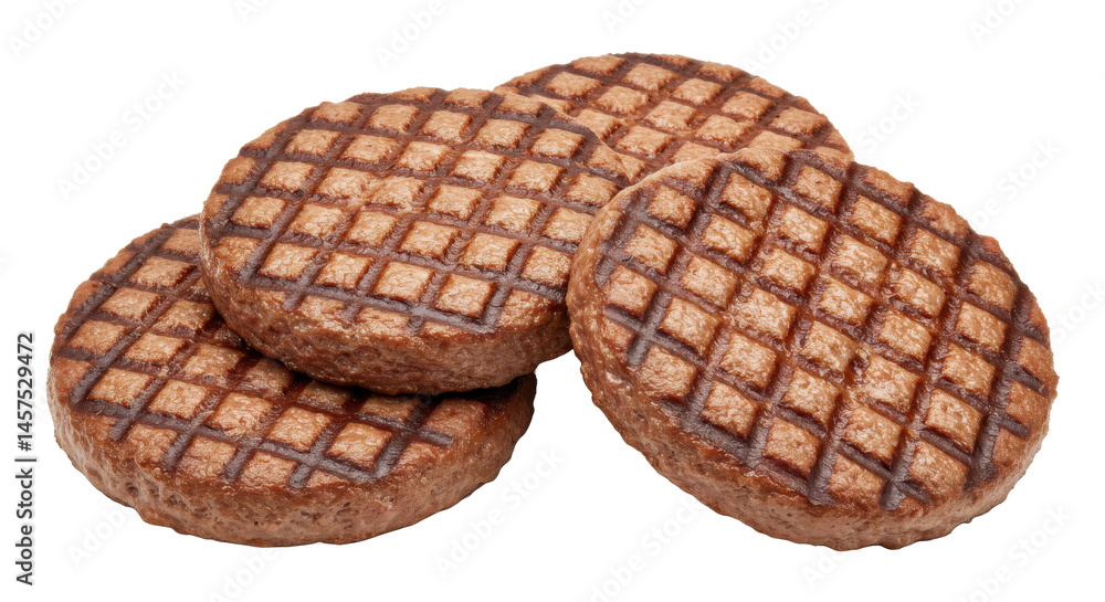 Poster a close up view of a stack of four grilled meat patties with visible grill marks on a plain backgrou