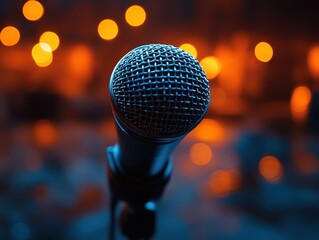Close-up of a microphone with blurred orange lights in the background
