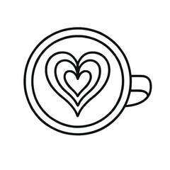 Coffee cup with heart design, minimalistic line art, black and white  