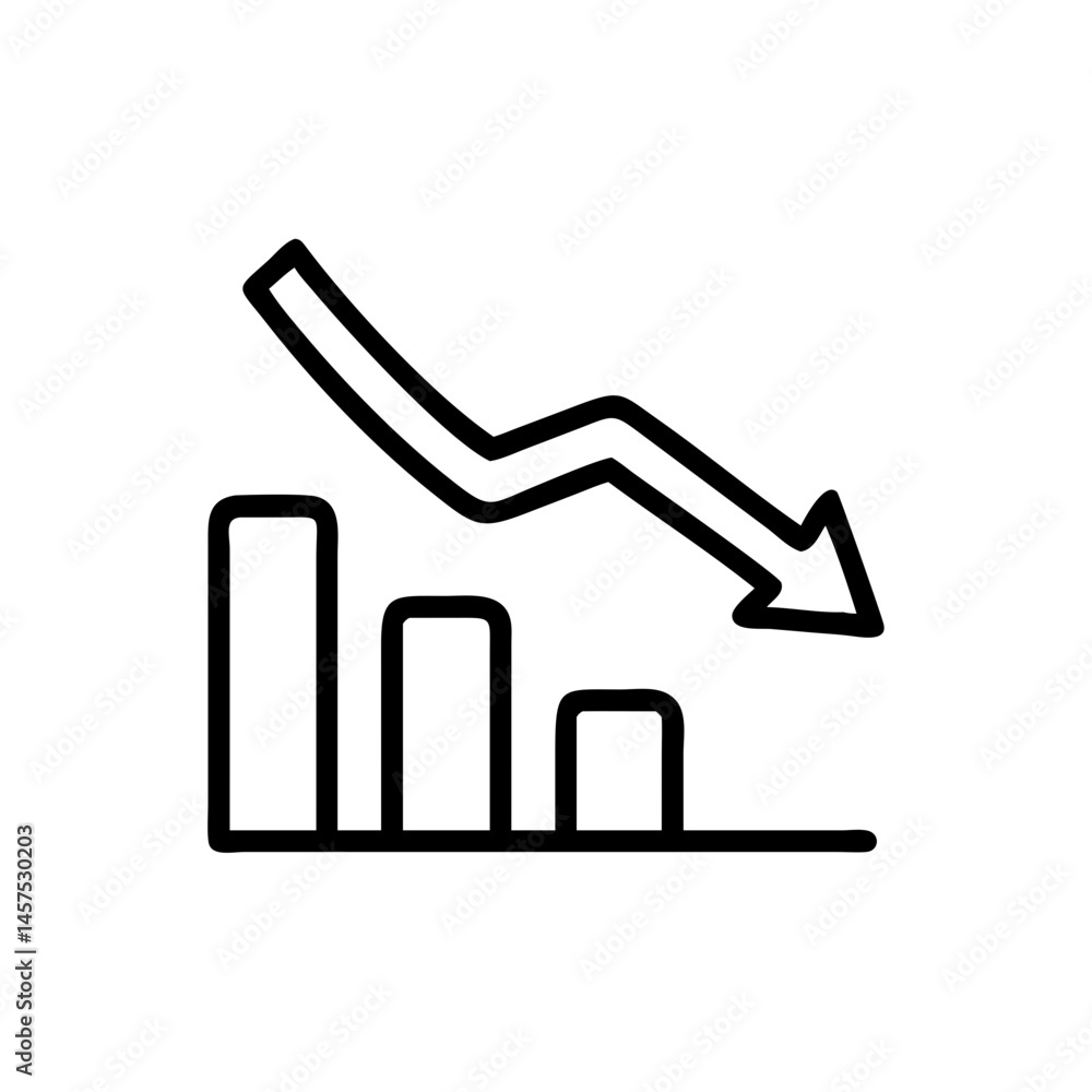 Poster declining graph with downward arrow on white background