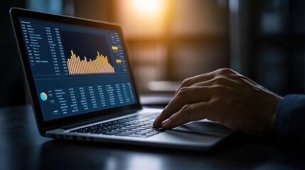 Person using laptop with financial data charts and graphs