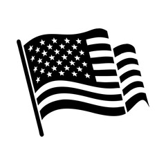Black and white depiction of the American flag waving proudly in silhouette