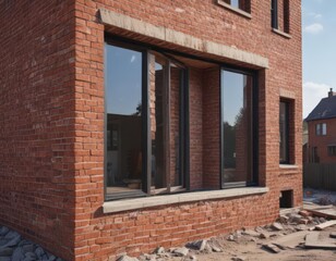 Contemporary house undergoing renovation, brickwork and window installation, mortar, building materials, extension