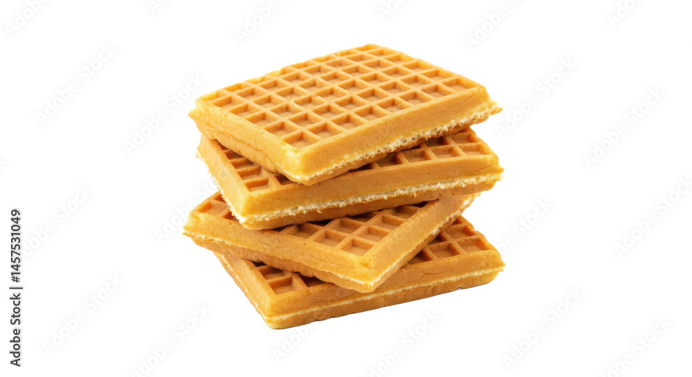 Poster a stack of waffles on a white surface showing a golden brown color and a textured pattern on the waf