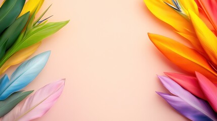 Rainbow tropical leaves on peach background