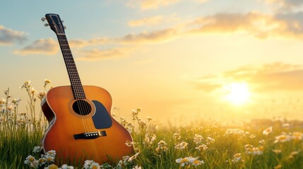Acoustic guitar in daisy field at sunset peaceful nature scene