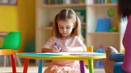 Little girl drawing at a colorful table in a classroom setting