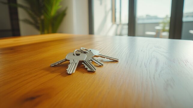 Metallic keys on wooden table home security concept