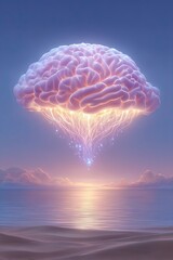 Obraz premium Scientific surrealism dream visuals, A surreal depiction of a brain with ethereal light above water. Scientific surrealism blending biology and cosmos, neuroscience surreal visuals