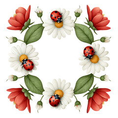 Square Frame of Red and White Daisies and Ladybugs on Transparent Background,stained glass ,clipart, cut out, no background