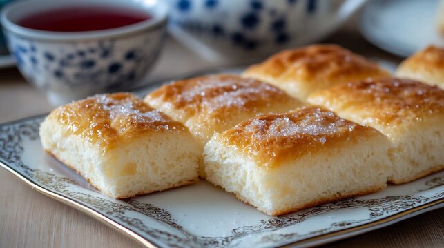 Turkish rek sweet bread topped sugar glaze perfect for breakfast served with a cup of Turkish tea Soft inviting and aromatic Side view