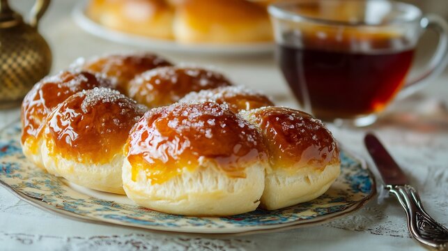 Turkish rek sweet bread topped sugar glaze perfect for breakfast served with a cup of Turkish tea Soft inviting and aromatic Side view