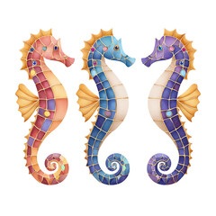 Three Watercolor Seahorses in Mosaic Pattern, Pink, Blue, and Purple,stained glass ,clipart, cut out, no background