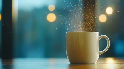 Obraz premium Coffee mug with liquid dramatically spilling upward in slow motion under a spotlight — a surreal and energetic office visual