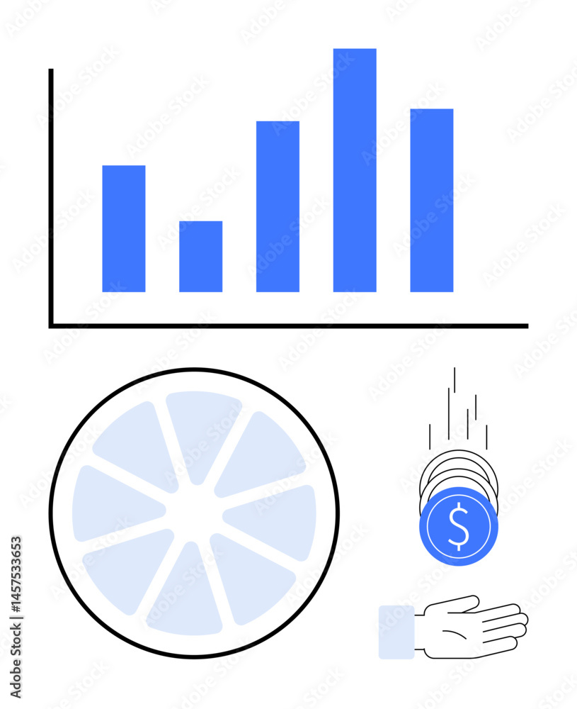 Aufkleber bar chart showcasing data upward trend, segmented circle symbolizing strategies, coins dropping into
