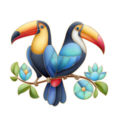 Two Colorful Toucans on Branch with Blue Flowers Watercolor Illustration,stained glass ,clipart, cut out, no background