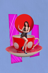 Collage of cheerful person near giant polka-dot cup symbolizing fun coffee break with vintage pop style energy