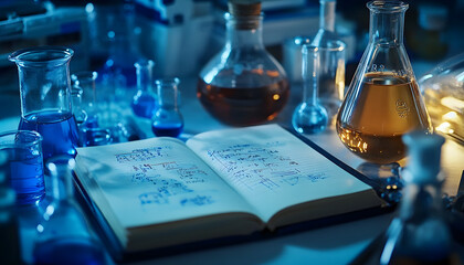 An open notebook with chemical formulas, surrounded by laboratory glassware and equipment, highlighting scientific research and experiments.