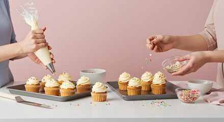 Two hands meticulously decorate cupcakes with icing and rainbow sprinkles for a perfect treat.