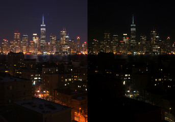 The illuminated new york city skyline at night, highlighting the skyscrapers with bright lights.